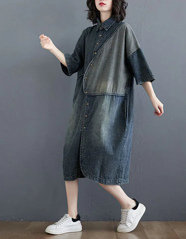 Oversize Loose Casual Patchwork Denim Shirt Dress - Islinen