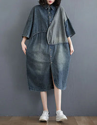 Oversize Loose Casual Patchwork Denim Shirt Dress - Islinen
