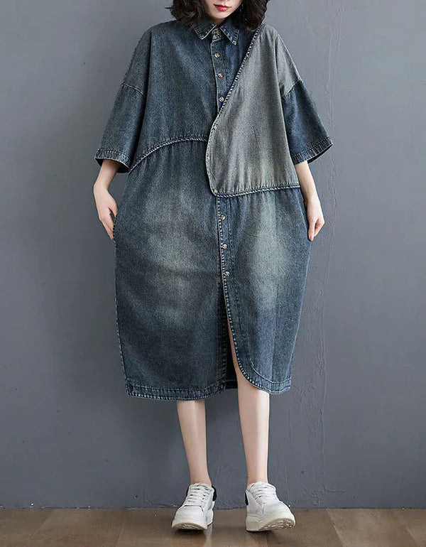 Oversize Loose Casual Patchwork Denim Shirt Dress - Islinen
