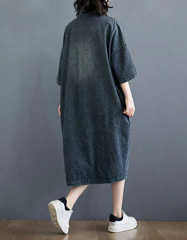 Oversize Loose Casual Patchwork Denim Shirt Dress - Islinen