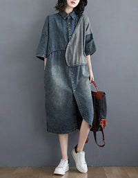 Oversize Loose Casual Patchwork Denim Shirt Dress - Islinen