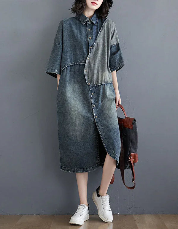 Oversize Loose Casual Patchwork Denim Shirt Dress - Islinen
