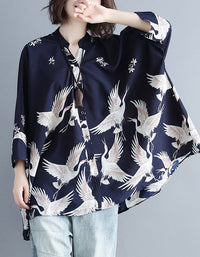 Oversize Loose Fit Bird Print Shirt