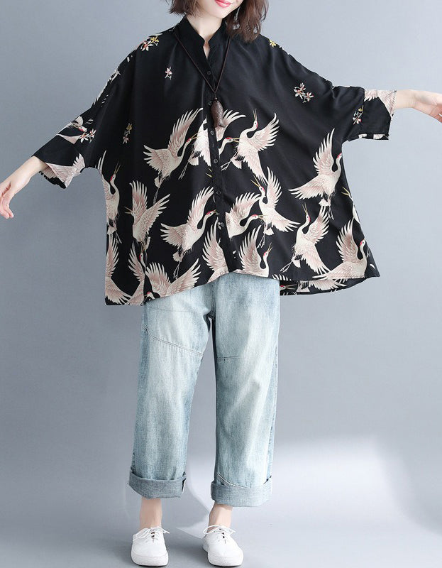 Oversize Loose Fit Bird Print Shirt