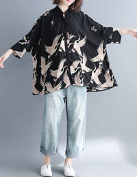 Oversize Loose Fit Bird Print Shirt
