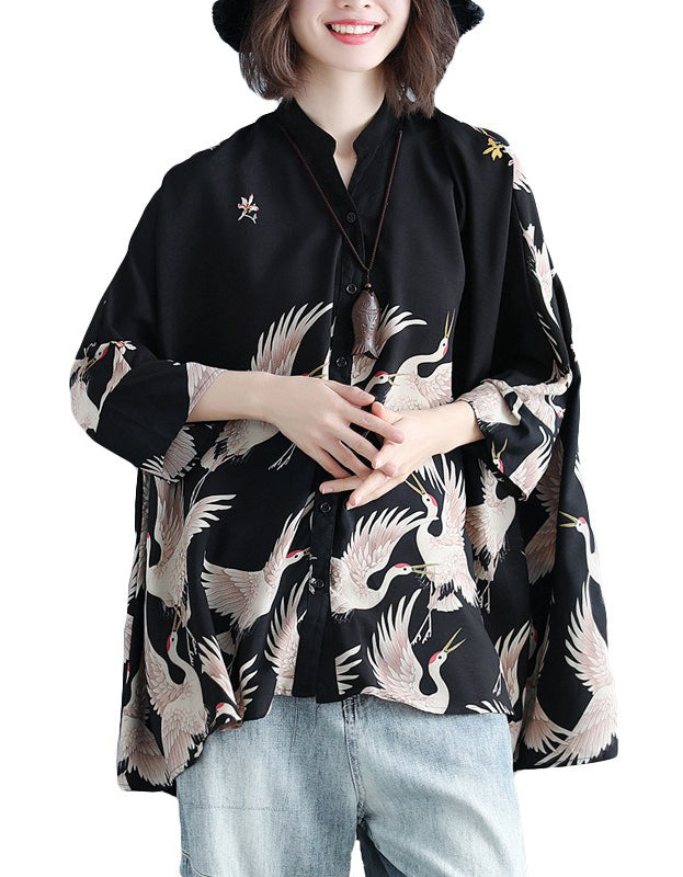 Oversize Loose Fit Bird Print Shirt