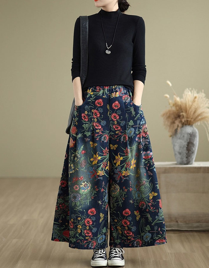 Oversize Women Casual Embroidery Wide Leg Denim Pants