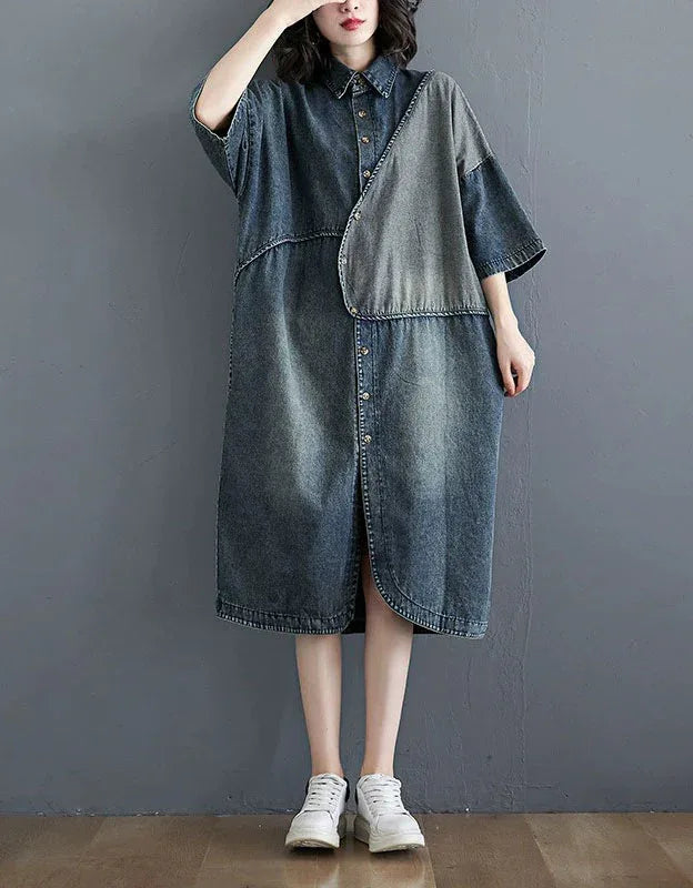 Oversize Loose Casual Patchwork Denim Shirt Dress - Islinen