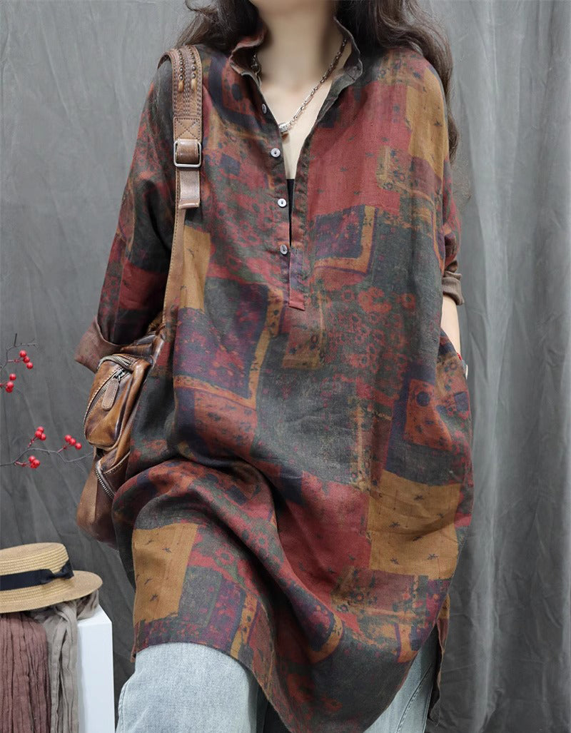 Oversized Abstract Print Long Sleeve Linen Shirt