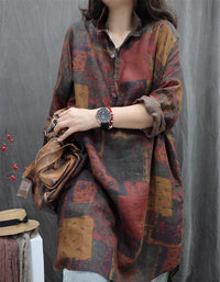 Oversized Abstract Print Long Sleeve Linen Shirt