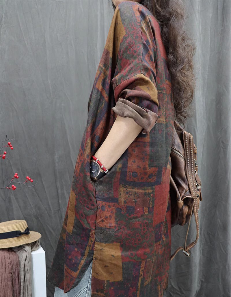 Oversized Abstract Print Long Sleeve Linen Shirt