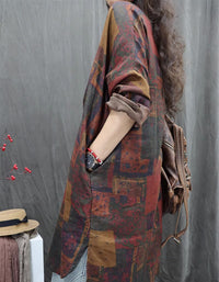 Oversized Abstract Print Long Sleeve Linen Shirt