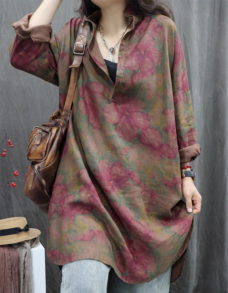 Oversized Abstract Print Long Sleeve Linen Shirt