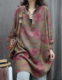 Oversized Abstract Print Long Sleeve Linen Shirt