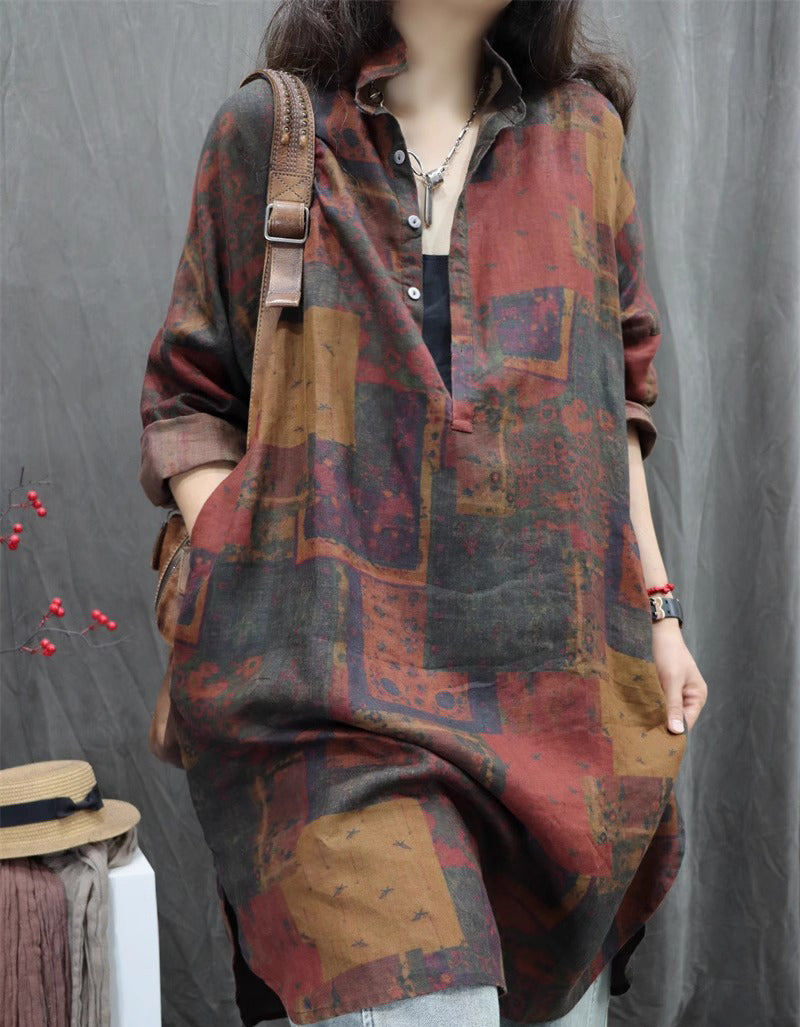 Oversized Abstract Print Long Sleeve Linen Shirt
