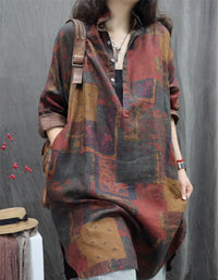 Oversized Abstract Print Long Sleeve Linen Shirt