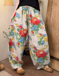 Oversized Autumn Floral Wide Leg Linen Pants