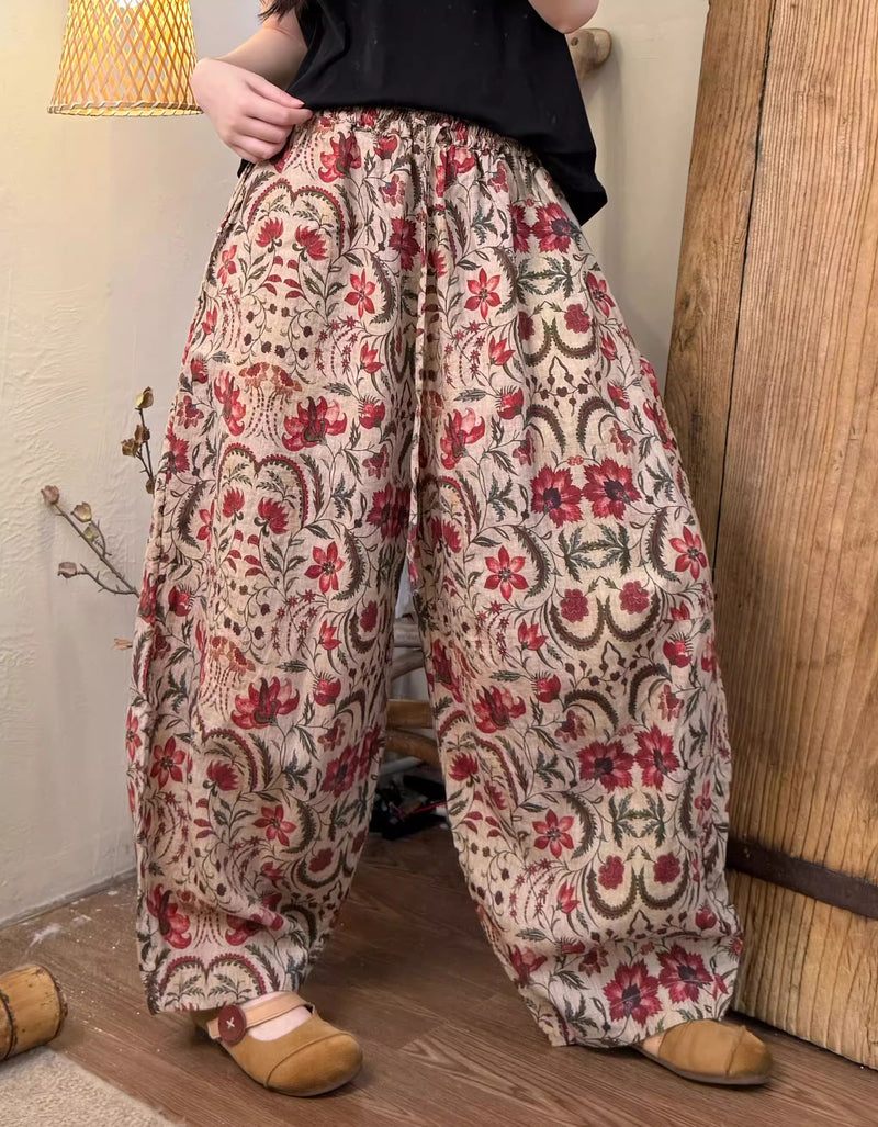 Oversized Autumn Floral Wide Leg Linen Pants