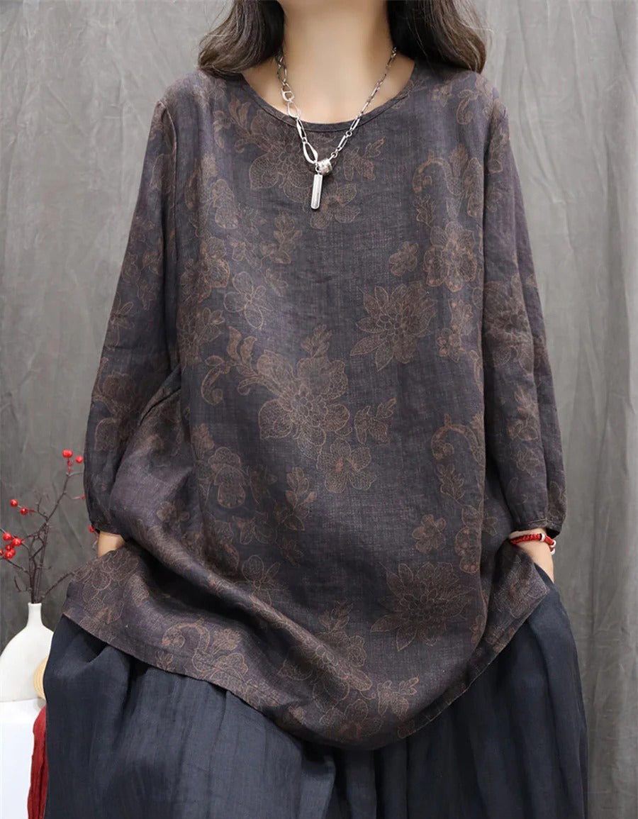 Oversized Casual Autumn Floral Linen Shirt