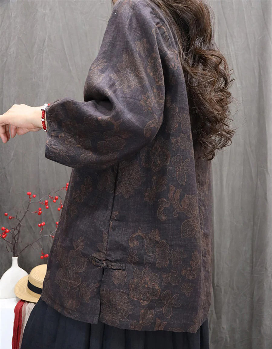 Oversized Casual Autumn Floral Linen Shirt