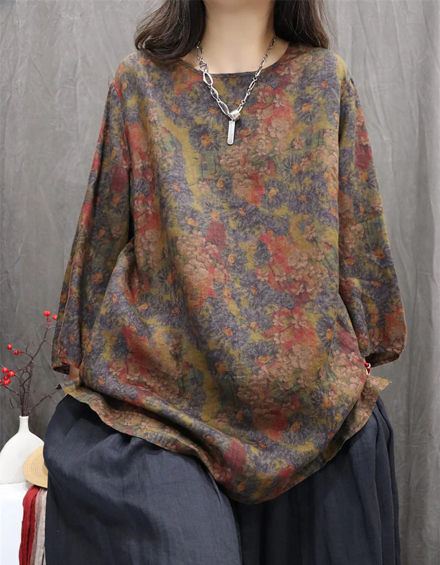 Oversized Casual Autumn Floral Linen Shirt
