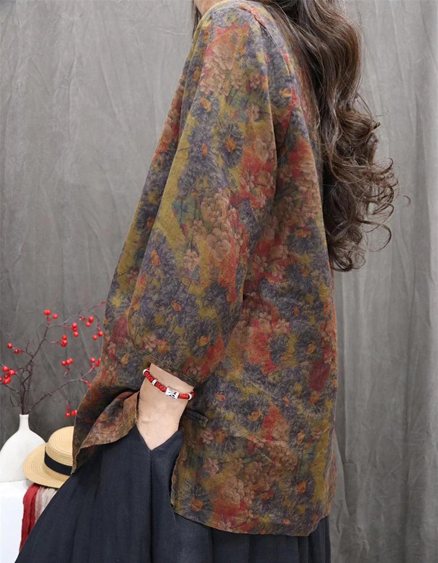Oversized Casual Autumn Floral Linen Shirt