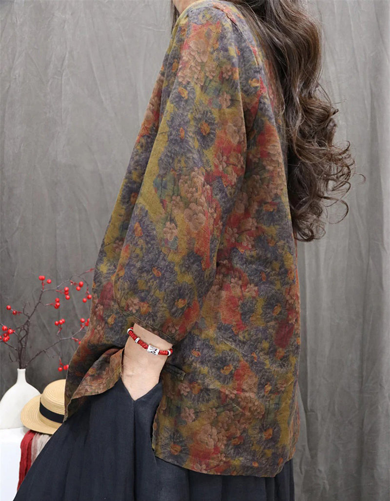 Oversized Casual Autumn Floral Linen Shirt