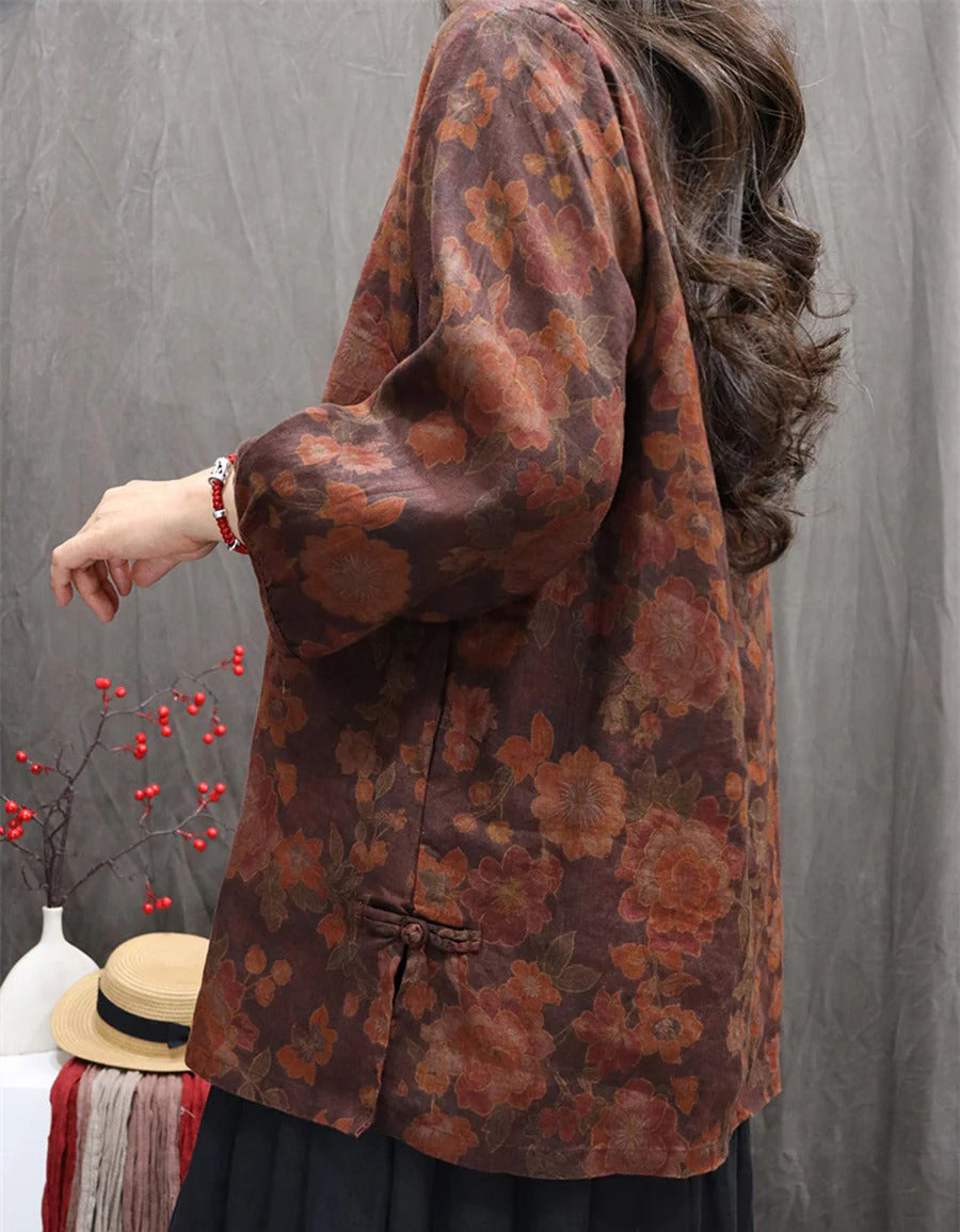 Oversized Casual Autumn Floral Linen Shirt