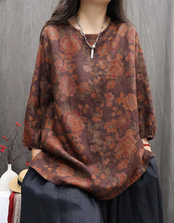 Oversized Casual Autumn Floral Linen Shirt