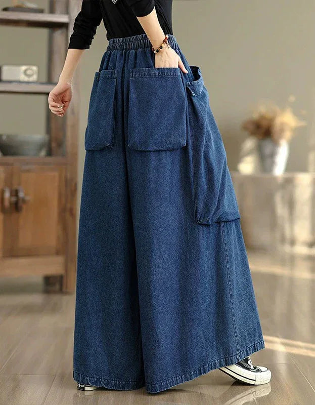 Oversized Casual Big Pockets Wide Leg Denim Trousers - Islinen