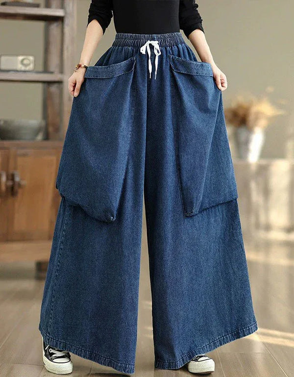 Oversized Casual Big Pockets Wide Leg Denim Trousers - Islinen