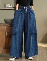Oversized Casual Big Pockets Wide Leg Denim Trousers - Islinen