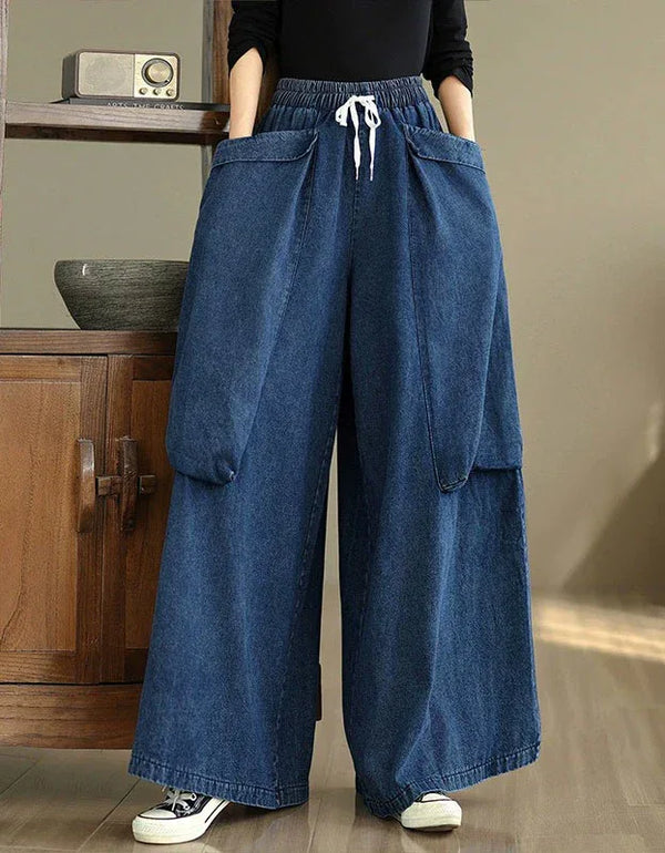 Oversized Casual Big Pockets Wide Leg Denim Trousers - Islinen