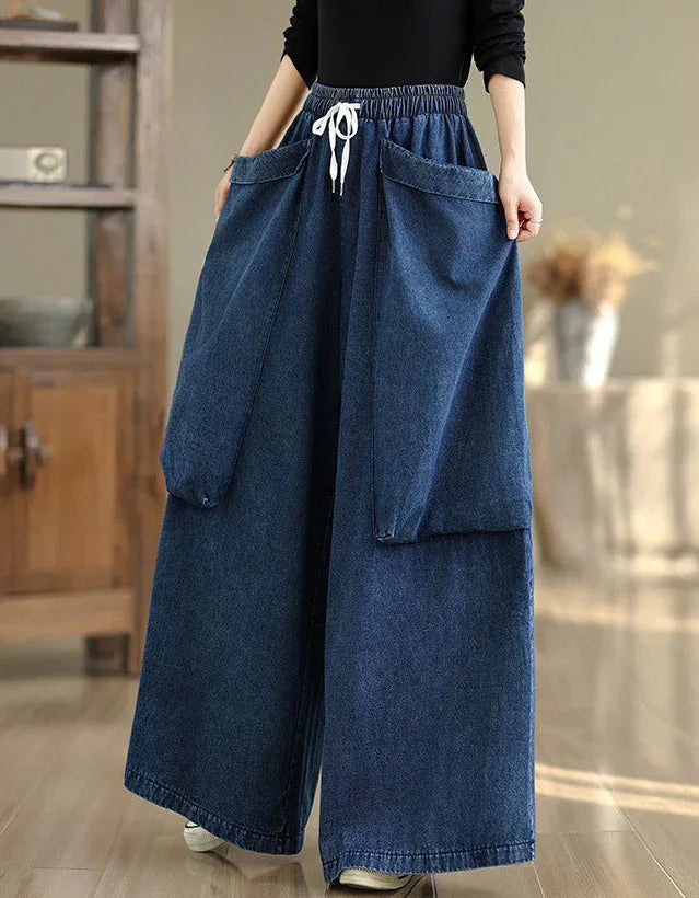 Oversized Casual Big Pockets Wide Leg Denim Trousers - Islinen