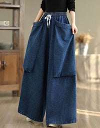 Oversized Casual Big Pockets Wide Leg Denim Trousers - Islinen