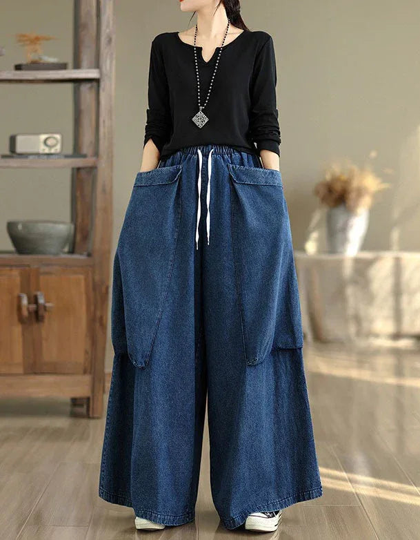Oversized Casual Big Pockets Wide Leg Denim Trousers - Islinen