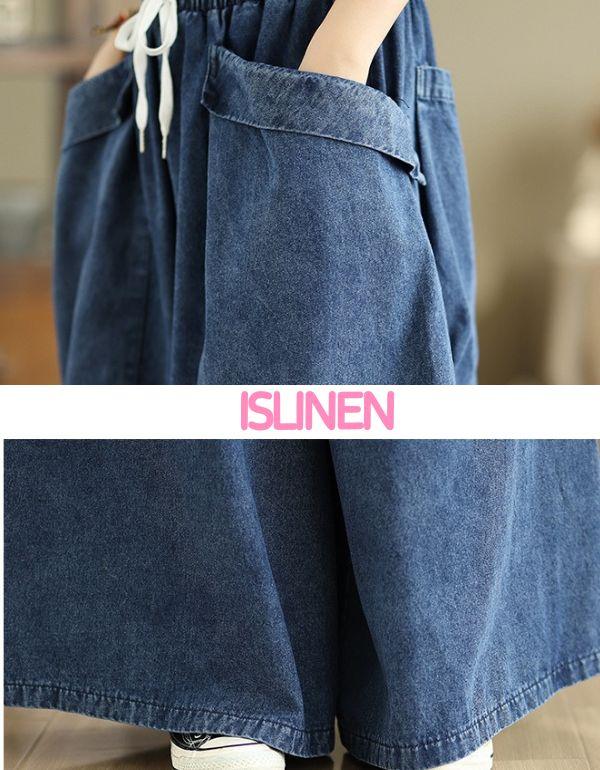 Oversized Casual Big Pockets Wide Leg Denim Trousers - Islinen