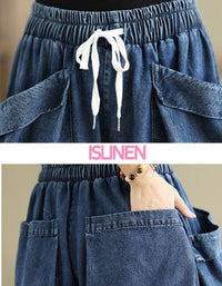 Oversized Casual Big Pockets Wide Leg Denim Trousers - Islinen