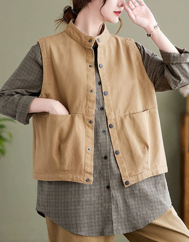 Front view of khaki women’s oversized cotton vest with button-up design