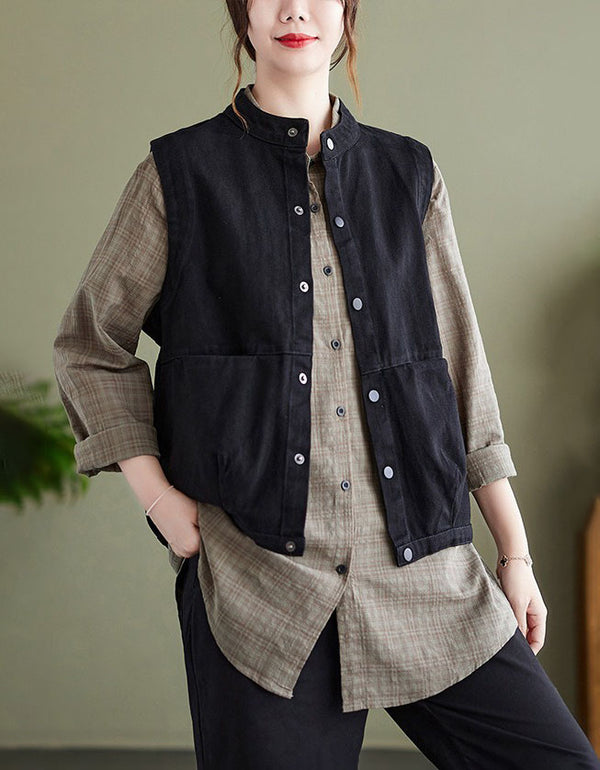 Front view of black women’s oversized cotton vest with button-up design