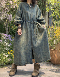 Vintage Denim Dress Women with Belted Waist