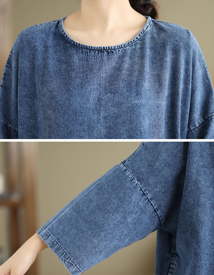 Close-up relaxed oversized denim midi dress designed for comfort