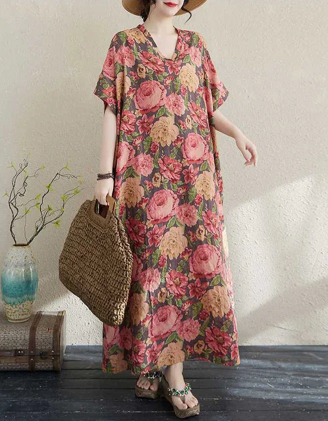Oversized Summer Beach Style Floral Cotton Linen Maxi Dress