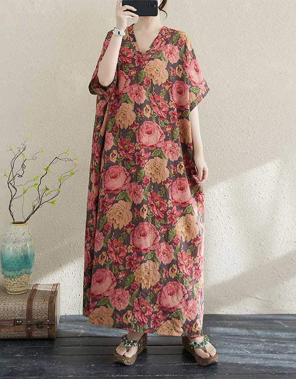 Oversized Summer Beach Style Floral Cotton Linen Maxi Dress
