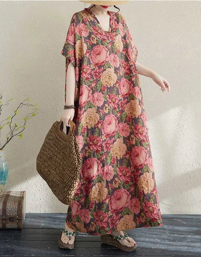 chinese dress ladies Oversized Summer Beach Style Floral Cotton Linen Maxi Dress – Islinen