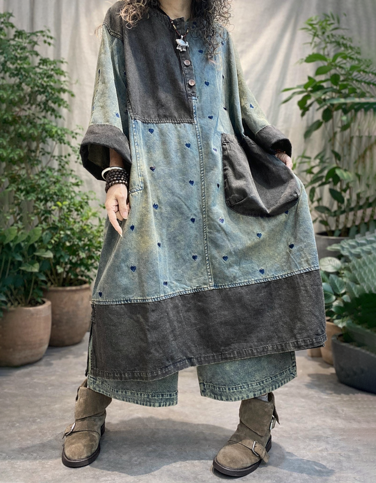 Vintage Wash Heart Denim Maxi Coat for Women
