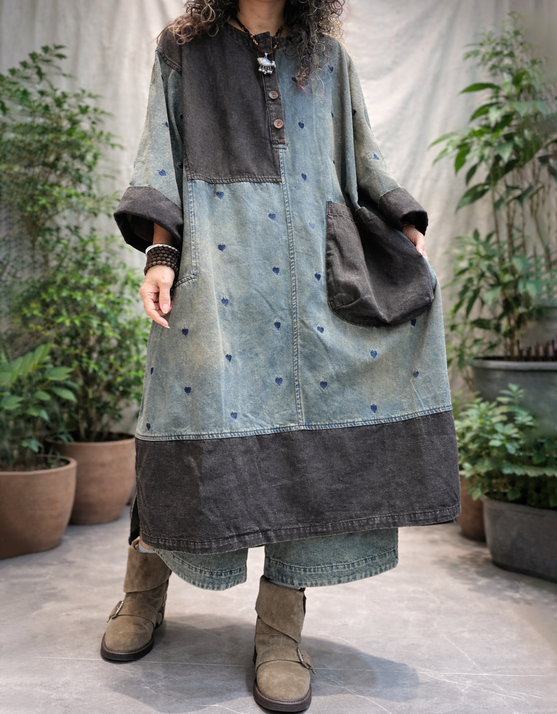 Boho Patchwork Denim Maxi Coat | Oversized Fit
