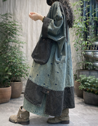 Vintage Wash Heart Denim Maxi Coat for Women