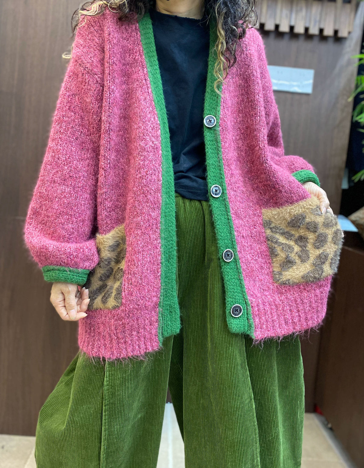Women’s Pink Knit Cardigan | Green Trim & Leopard Print Pockets