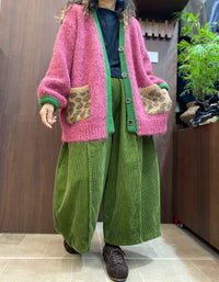 Oversized V-Neck Button Cardigan, Pink with Leopard Pockets